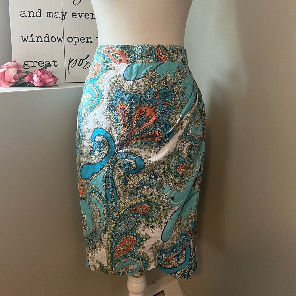 Sunny Leigh NWT Linen Summer Wind Turquoise/Multi Paisley Print Faux Wrap Skirt - Picture 1 of 10